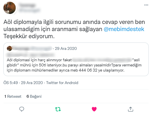 Ben ulaşamadığım için aranmamı sağlayan mebimdestek